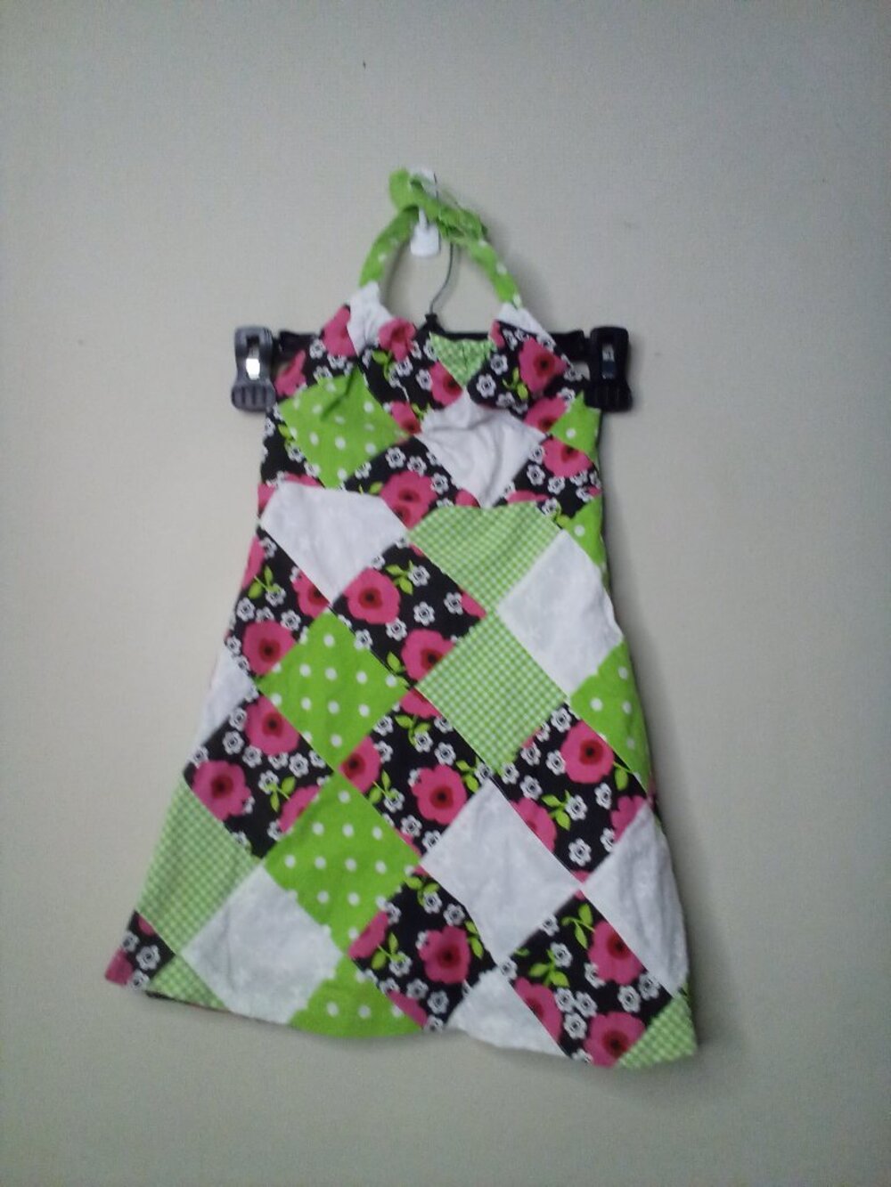 Bonnie Jean Dress Girls 4 Halter Tie Patchwork Pattern Sleeveless Green White
